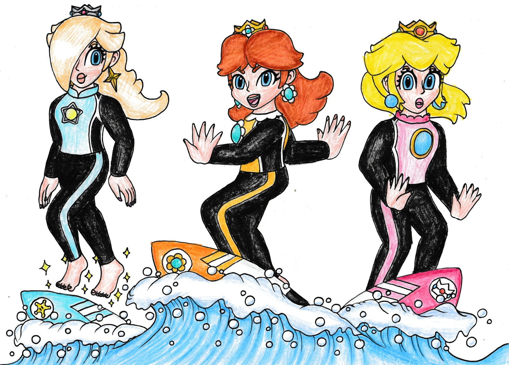 Peach, Daisy and Rosalina- Surfing.png