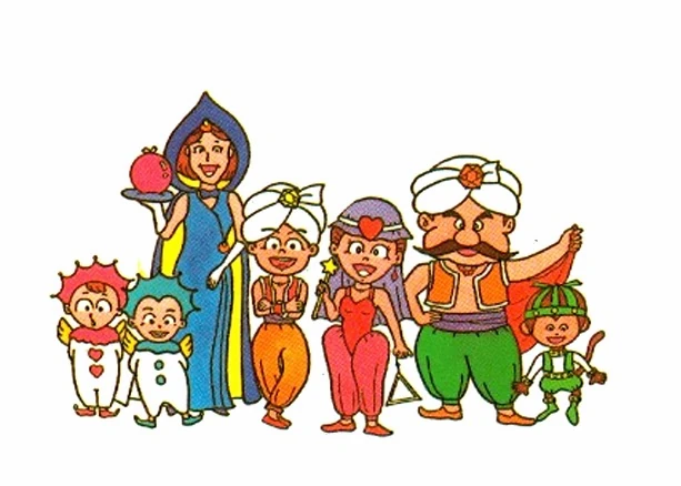 The cast of Yume Kojo: Doki Doki Panic. Of interest are Lina and Papa, the 5th and 6th characters here.
